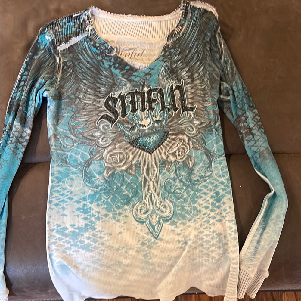 Sinful Blue and White Graphic Long Sleeve Top